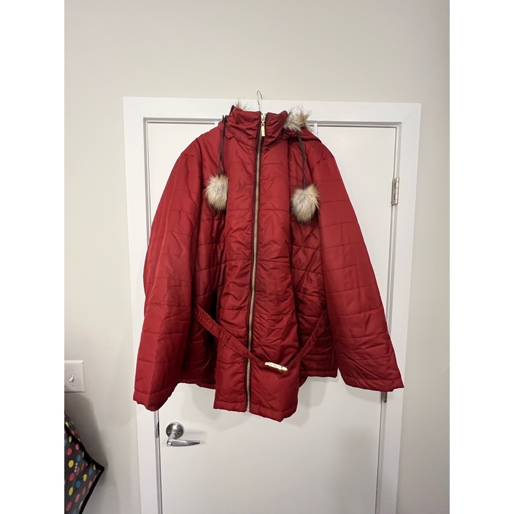 Ashley Stewart Belted Faux Fur Trim Puffer Coat Red/Auburn in a Size 26